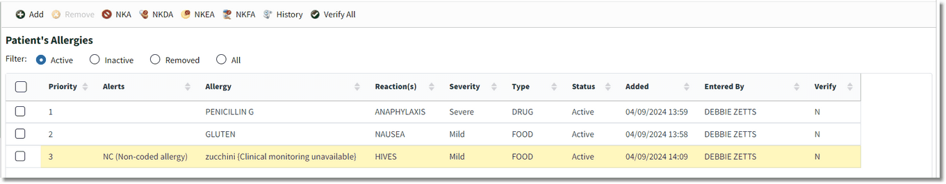 allergy list