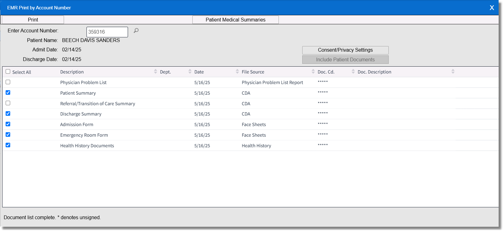 wc print emr mrn acct