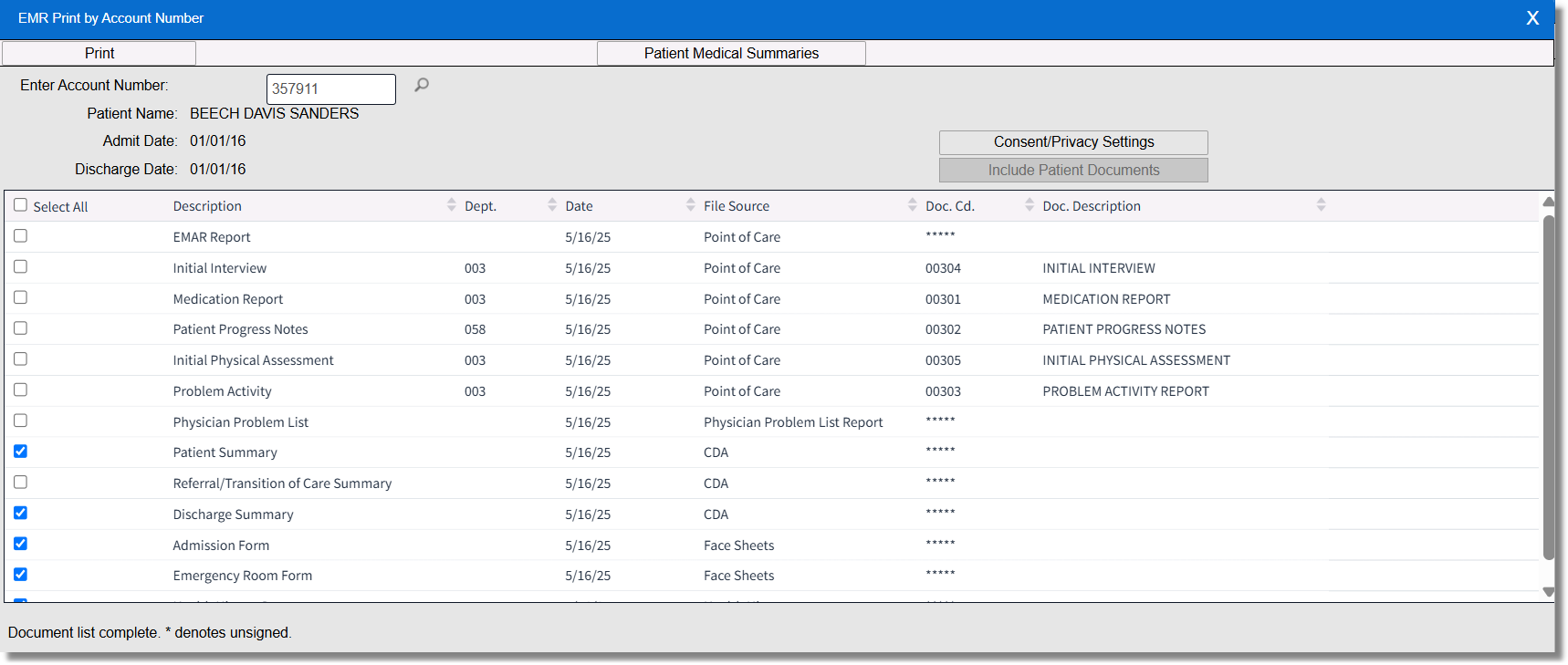 wc print emr acct