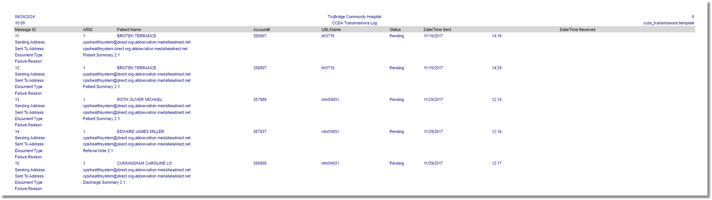 wc ccda transmission report