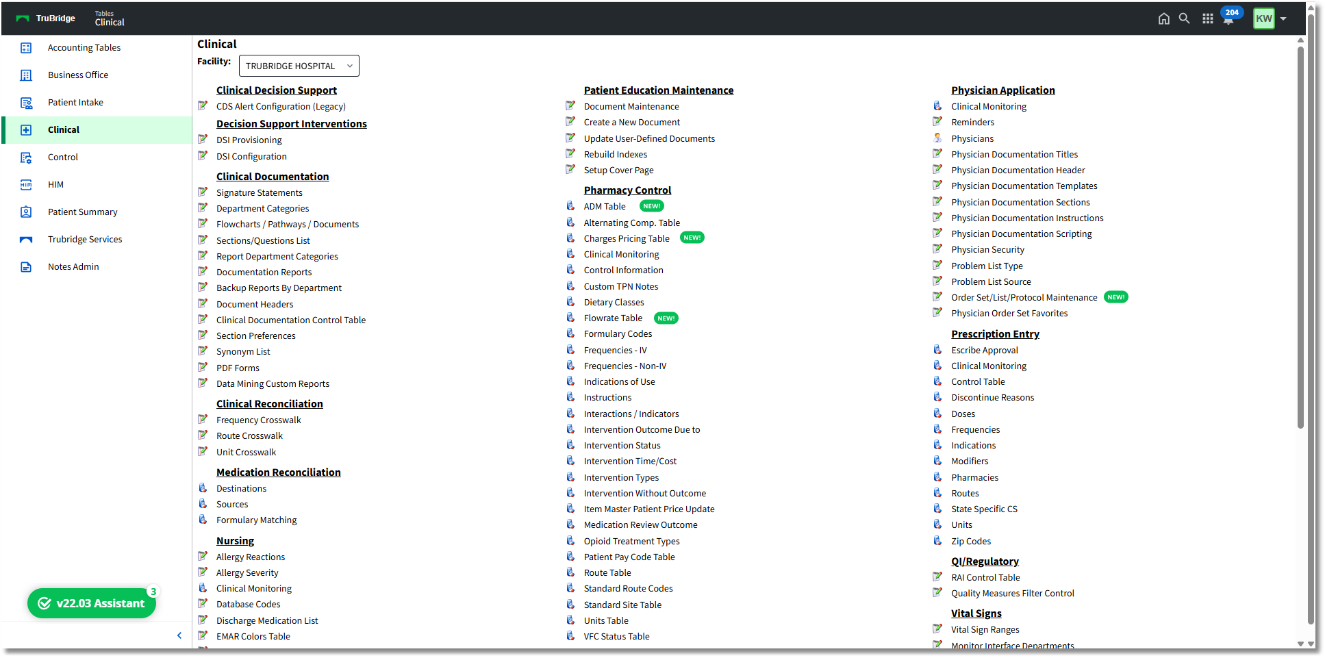 Table Maintenance Clinical main screen