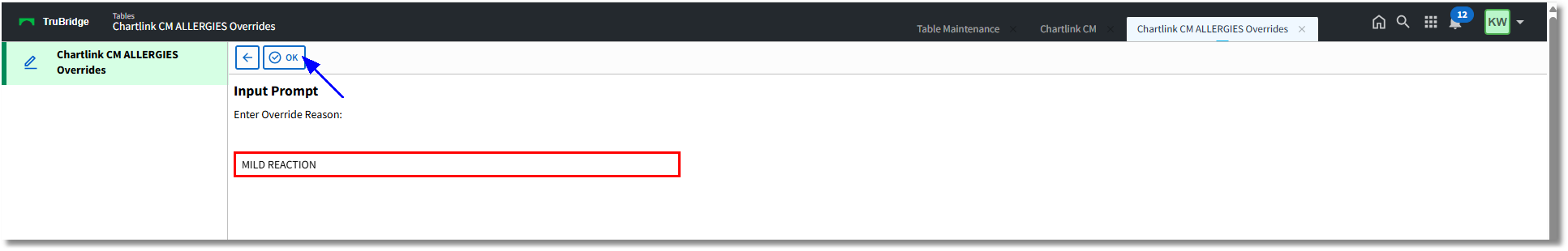 override reason input